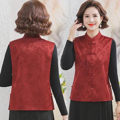 Chinese Satin Jacquard Stand Collar Vest for Women - Spring/Autumn Retro Style