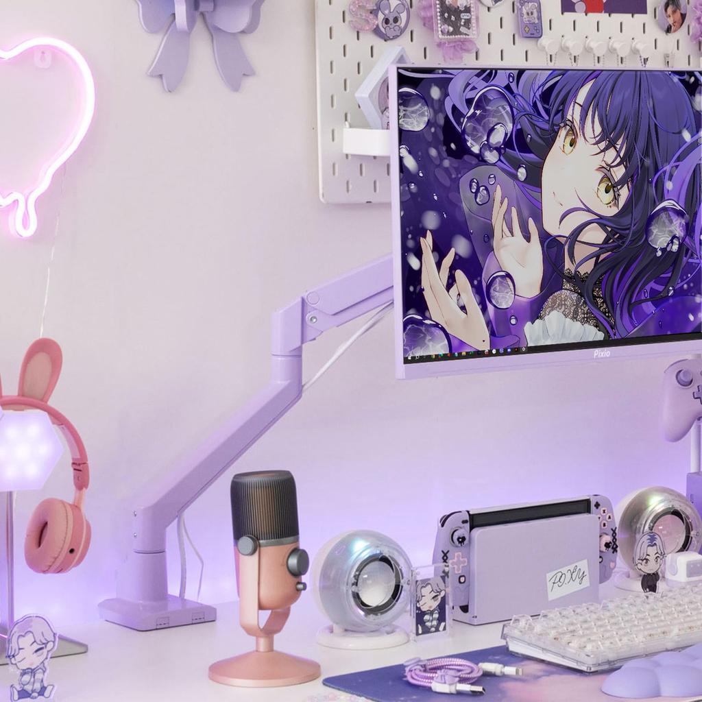 Pixio PS1S Wave Pastel Purple Single Monitor Top and Bottom Supports and Arm, Cute, 32", 24", 27"