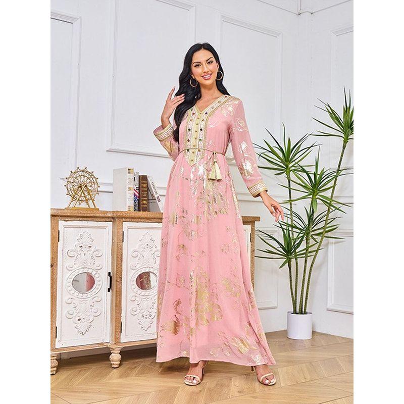 Middle East Spring New Arrival Bronzing Gem Fashion Robe Dubai Turkey Containing Belt Pink Dress Dress