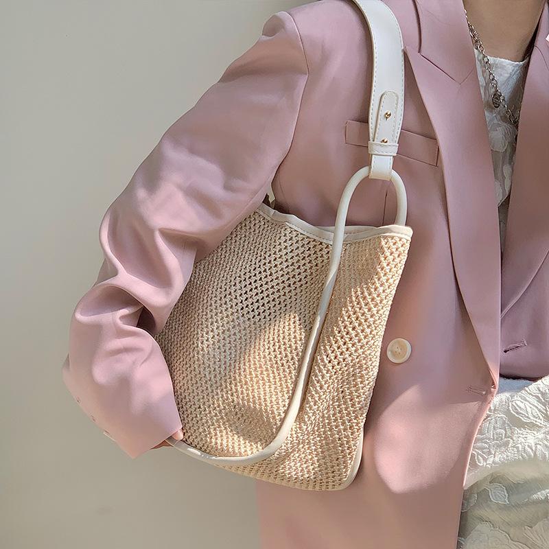 Summer Large Capacity Straw Woven Bag for Women  Personalized Hollow Contrast Commuter Bag  Hand-held Shoulder Woven Bag