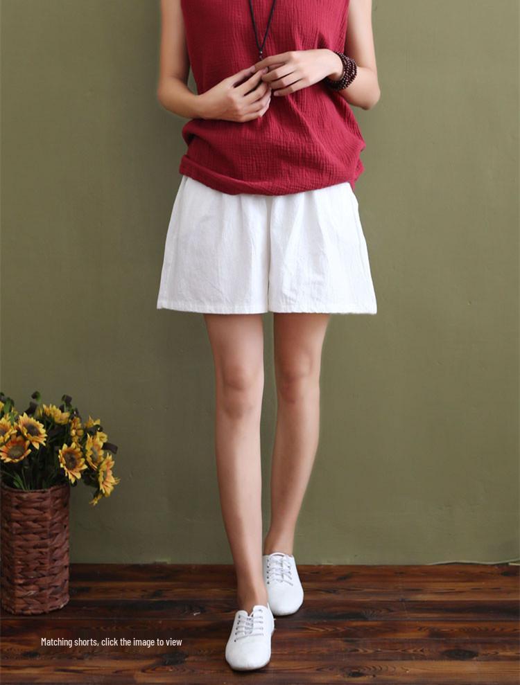 2025 Spring/Summer Women's Artistic Cotton Linen Double-Layered Crinkle Vest - Solid Color, Loose Camisole Base Layer