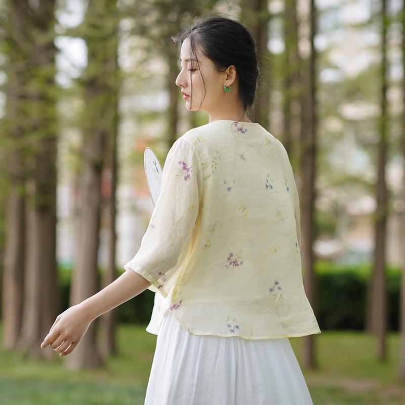 

Женский летний топ из хлопка и льна в стиле ретро, с принтом в китайском стиле, 2024 M (Recommended 80-100 lbs) светло-желтого