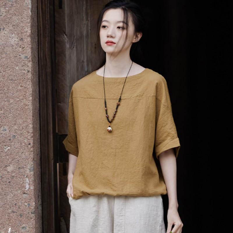 Johnature Women Casual Linen T-Shirts Summer O-Neck Short Sleeve Tees Solid Color Loose Women T-Shirts