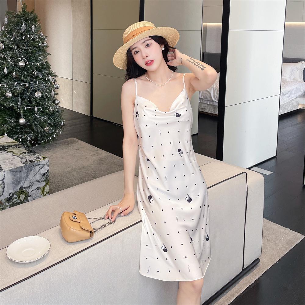 Summer new pajamas women's ice and snow silk thin suspender swing collar pure desire pajamas printed medium and long skirts