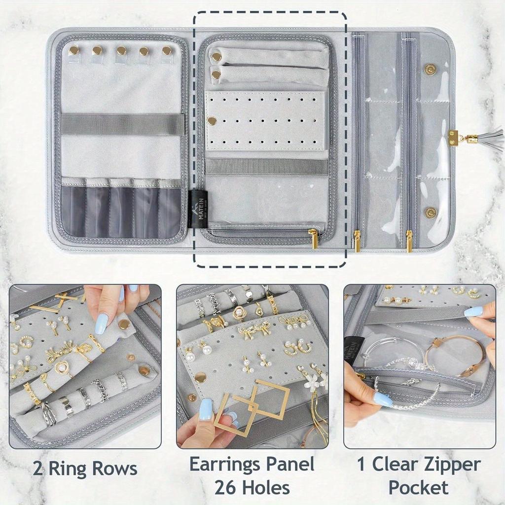 Jewelry Travel Organizer for Women, Tangle Free Portable Leather Jewelry Storage Roll Bag Envelope Clutch, Waterproof Lightweight Jewelry Case Holder