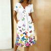 Vestido Casual Feminino Moderno Estampado Retrô Gola Redonda Manga Curta Botão na Gola Comprimento Médio
