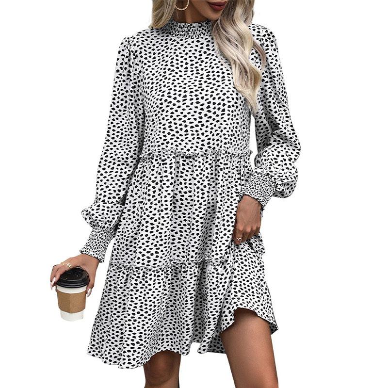 Herbst neues Retro lockeres Halbrollkragen Leopardenmuster Kleid
