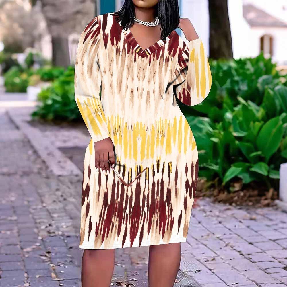 Women Plus Size V Neck Long Sleeve Printed Black White Khaki Fitted Straight Dress