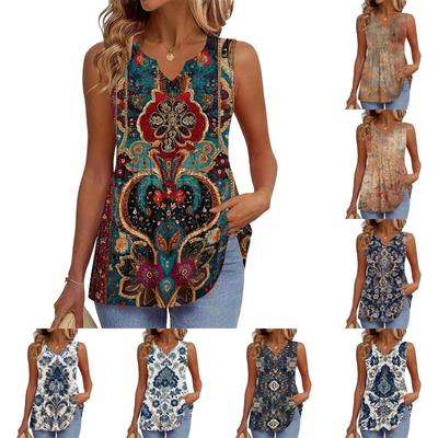 Women's Fashionable New Retro Floral Textured V-neck Loose Casual Flowy Sleeveless Vest Top