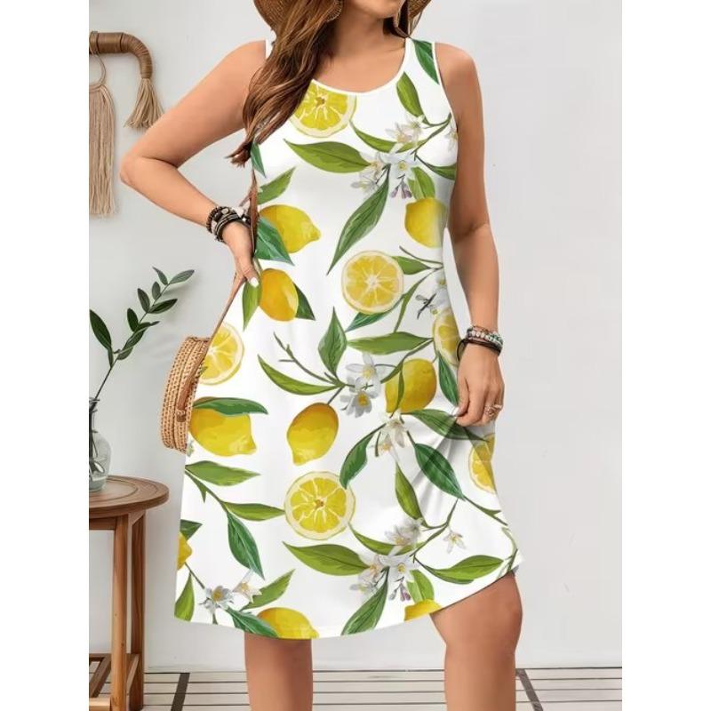 Women's Floral Pattern Printed Sleeveless Round Neck Dress Loose Soft and Comfortable Plus Size Dress