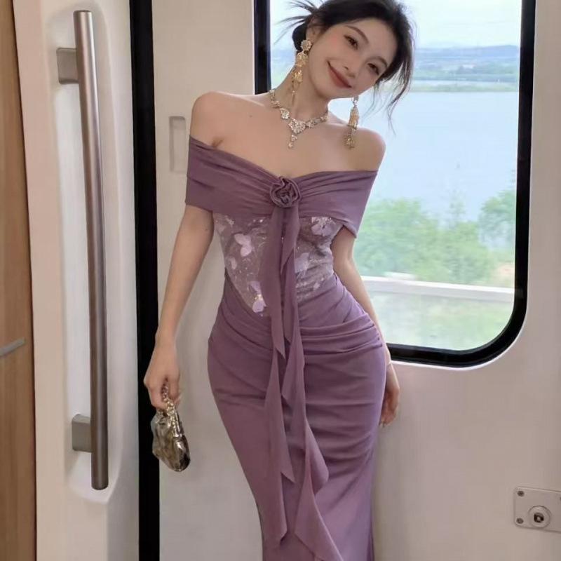 French celebrity sexy one-word shoulder fishtail dress women's summer temperament slim and thin hip dress banquet dress