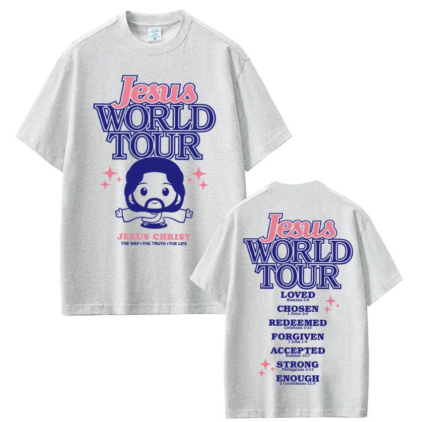 Funny Jesus World Tour Print T Shirt Men Women Fashion Christian Bible Verse Tshirts Oversized 100 Cotton Casual Short Sleeve
