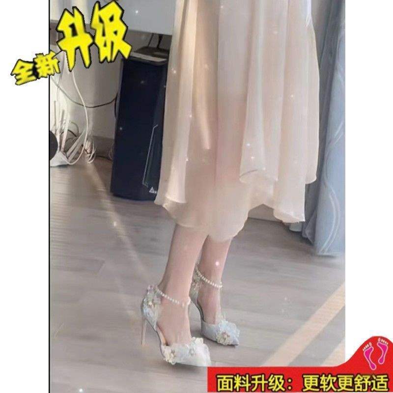 Silver pearl chain wedding shoes women's 2025 spring and summer new pointed side space stiletto adult ceremony lace flower high heels