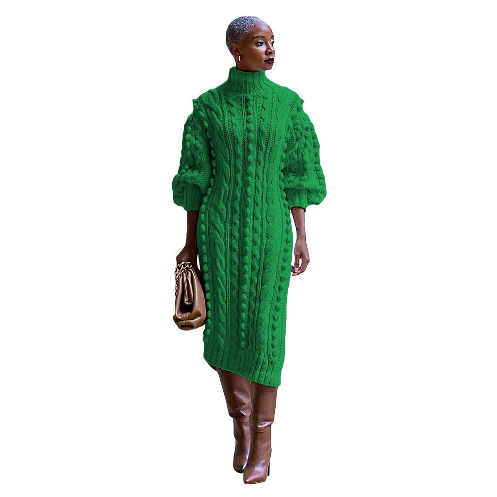 European & American Women's High Neck Knitted Slit Dress