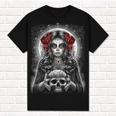 Camiseta Muerte Santa Muerte con Calavera Estilo Mexicano Camisetas Tops Unisex Algodón Manga Corta High Street