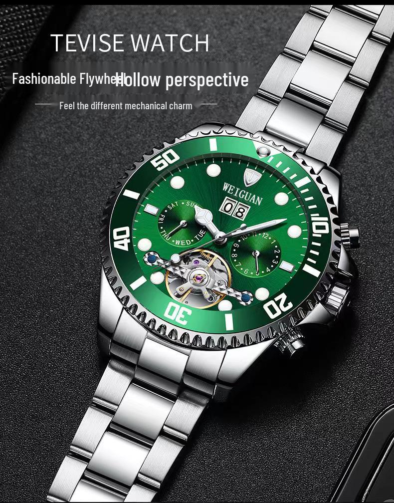Green Ghost Automatic Tourbillon Men's Watch with Multifunctional Calendar, Luminous Features, and Waterproof Design.