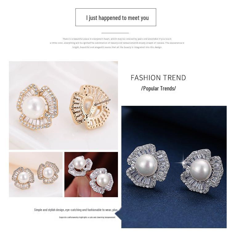 Elegant Pearl and Rhinestone Stud Earrings - Women's Stylish European and American Copper Accessories