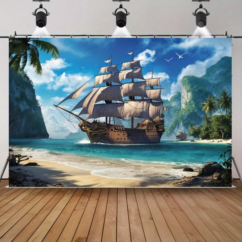1 Piece, Polyester Material Pirate Ship and Tropical Beach Wall Fabric, 75 Grams Per Square Meter, 100% Polyester Fiber