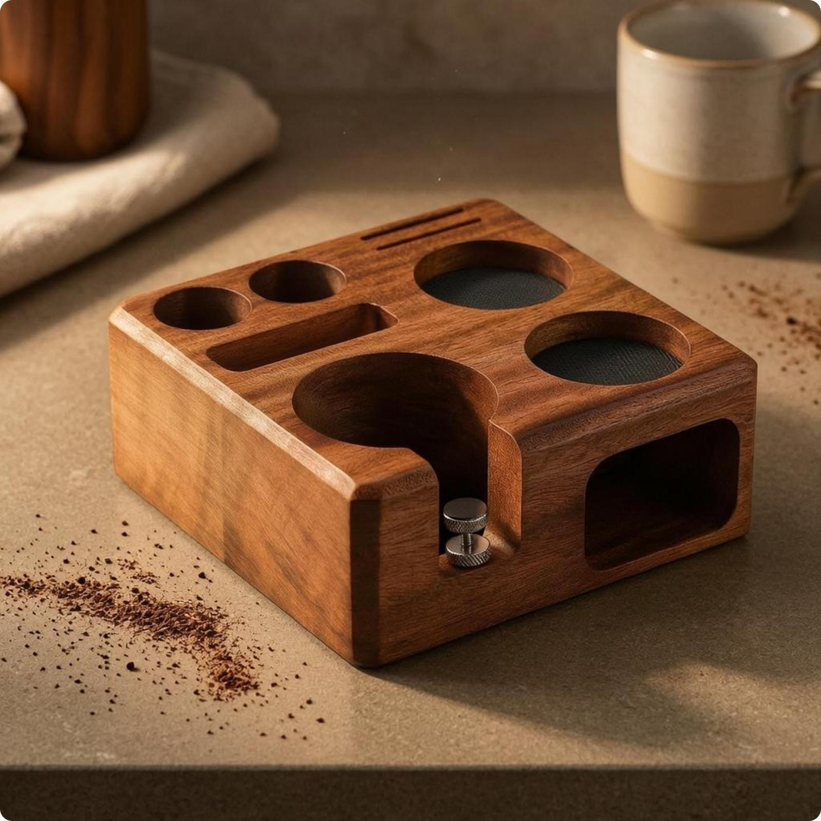 Walnut Wood Espresso Pressing Station Builtin Cutouts Tamper Stand Recessed Openings Wooden 51-54mm