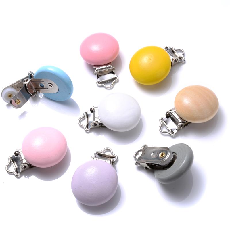 10Pcs Baby Pacifier clips 30mm Round Wooden Dummy Nipple Holder Clip for DIY Nursing Pacifier Chain Teething Toy Accessories