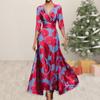 Cross V Neck Three Quarter Sleeves Colorful Print Maxi Long Dress Big Swing A-line Slim Waist for Dating Shopping Banquet Fall Spring
