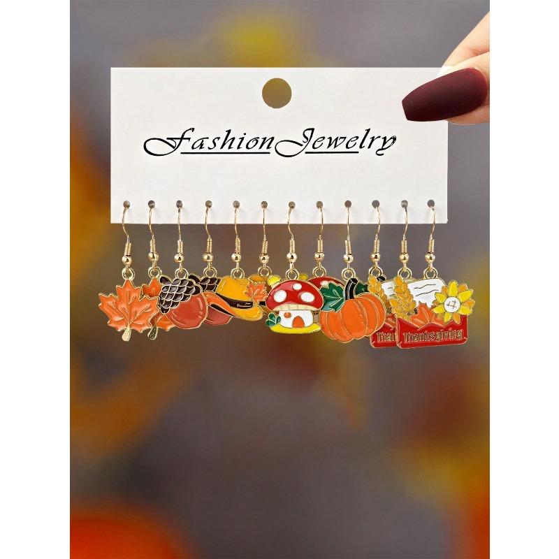 New Cross-Border Thanksgiving Creative Cute Drip Oil Pumpkin, Maple Leaf, Squirrel, Turkey, Mushroom, Hazelnut, Animal Ear Pendant Earring Set