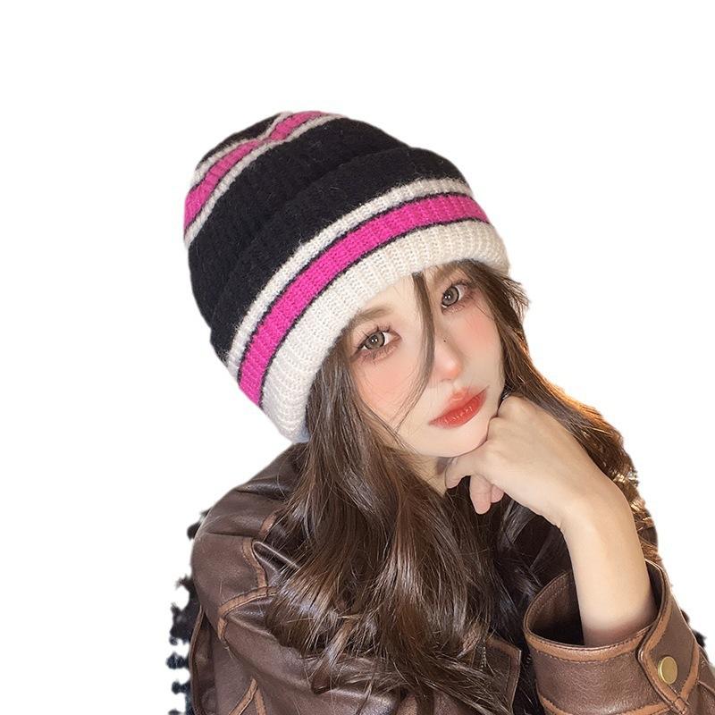 Women's Autumn and Winter Warm Knitted Hat Korean Style Striped Big Head Circumference Face Small Ear Protection Head Hat