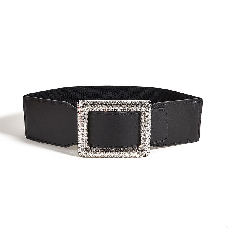 Women's High-End Black Leather Rhinestone Buckle Elastic Waist Belt for Coats and Dresses