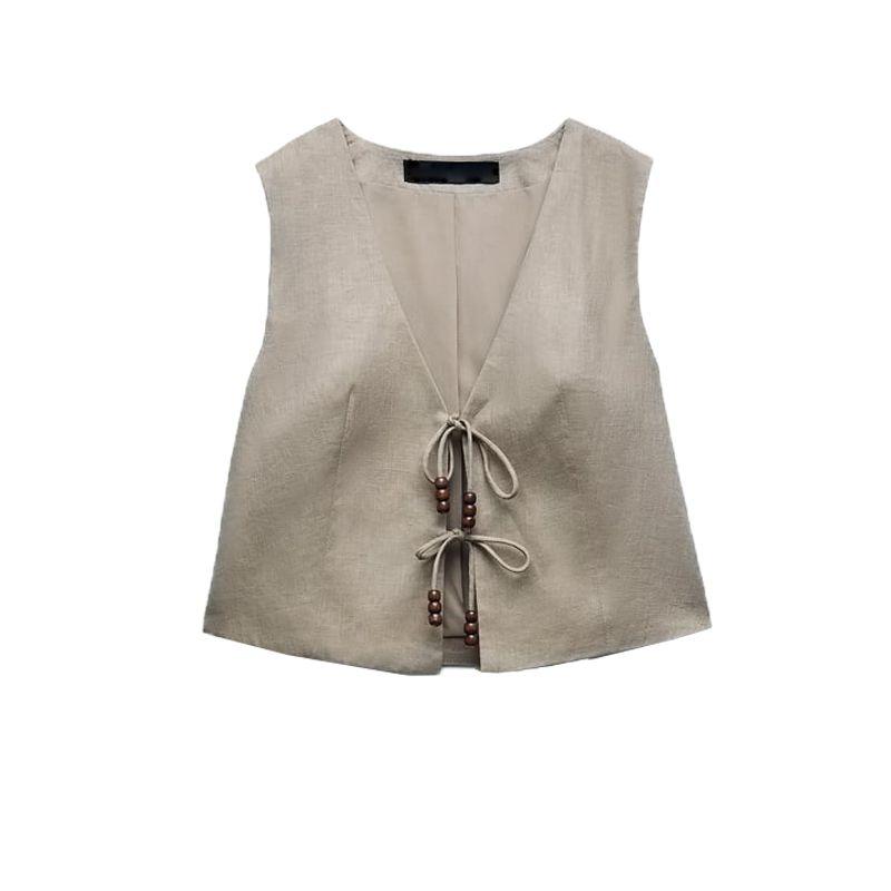 Spring New Arrival Casual Two-Piece Suit Beaded Linen Vest 7901322 Linen Wide Leg Pants 7901222