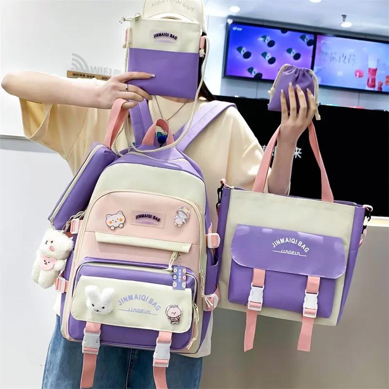 5 Pcs/Set Teen Schoolbag for Girls Boys Large Capacity Student Backpack with Keychain
