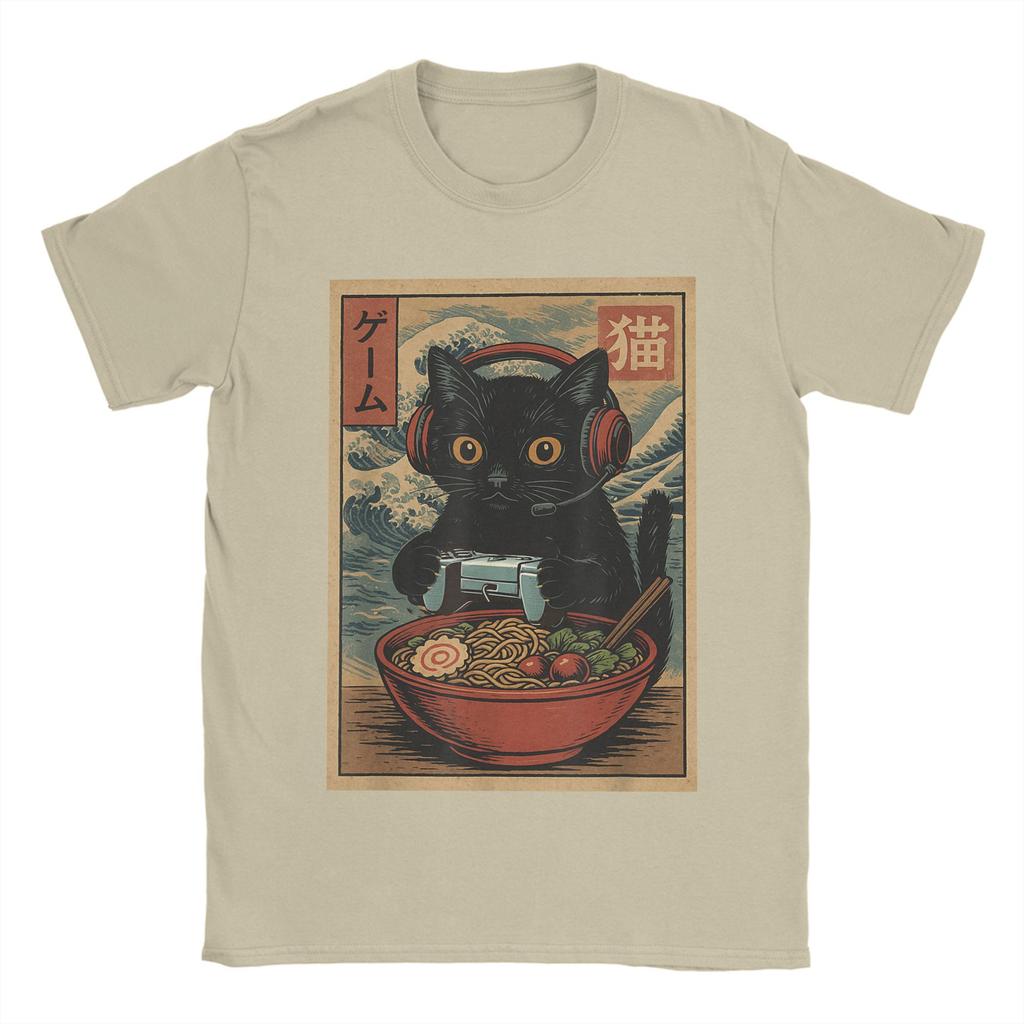 Niesamowite japońskie koszulki z kotem ramen dla mężczyzn z okrągłym dekoltem 100% bawełniane koszulki Kawaii kot z makaronem koszulki z krótkim rękawem oryginalne topy