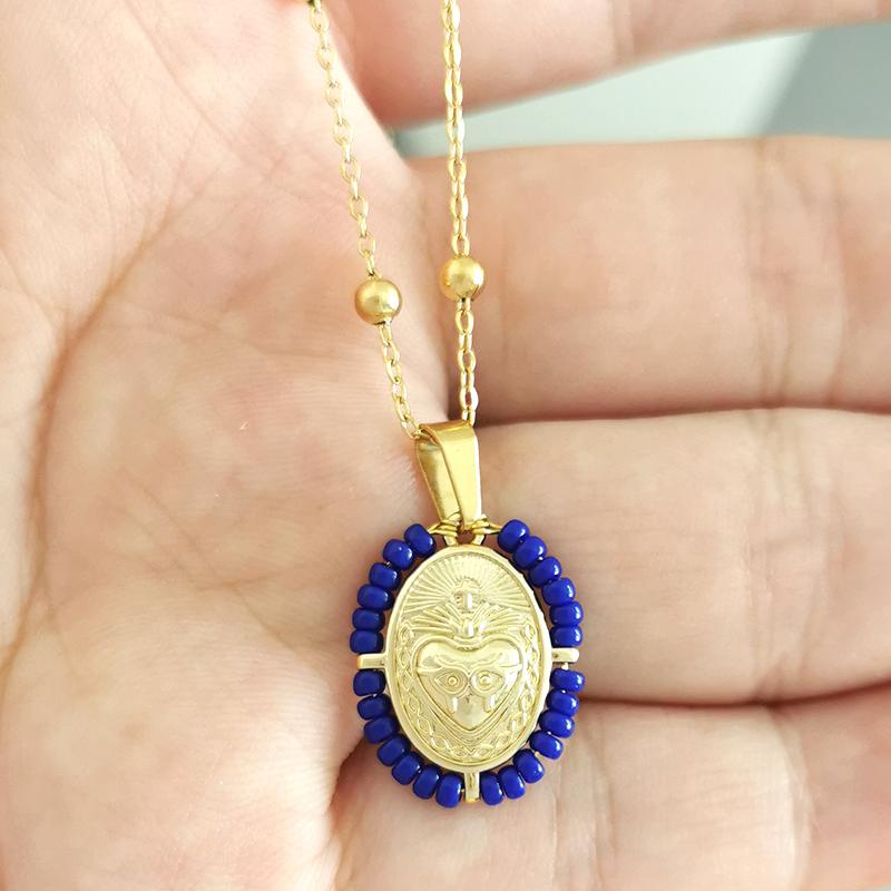 QMHJE Virgin Mary Pendant Charm Necklace Women Cross Scared Heart Jesus Choker Seed Beads Stainless Steel Chain Gold Color Mom