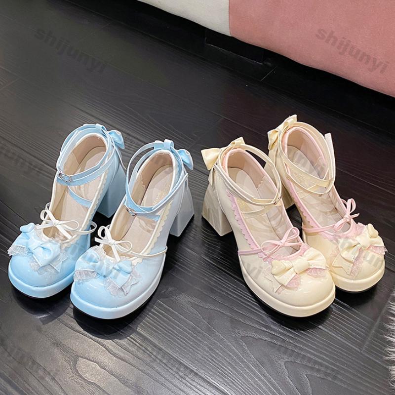 Women High Heel Lolita Mary Janes Shoes Ladies Chunky Platform Square Toe Patent Leather Sandals Soft Girl Sweet Cute Bow Shoes
