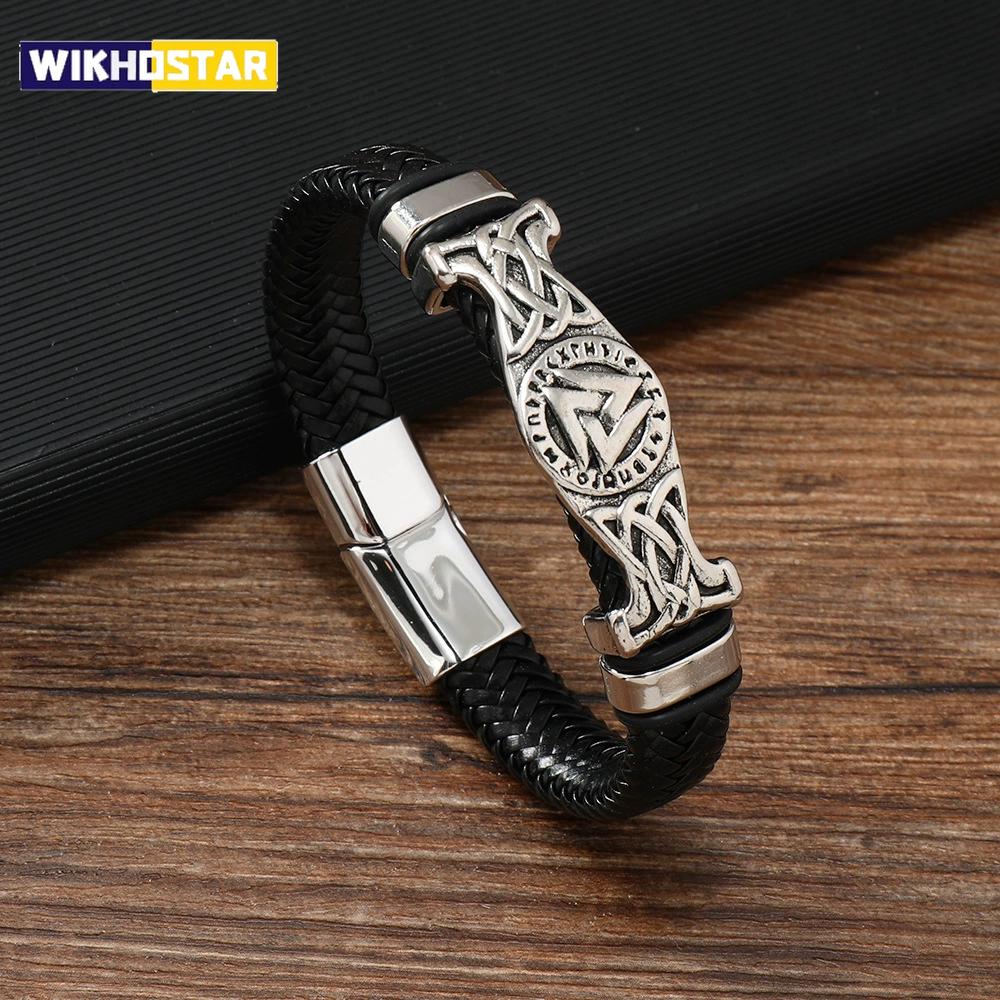 Vintage Wikingowska Tkana Skórzana Bransoletka Nordycki Węzeł Celtycki Symbol Valknuta Magnetyczna Bransoleta Dla Mężczyzn Biżuteria