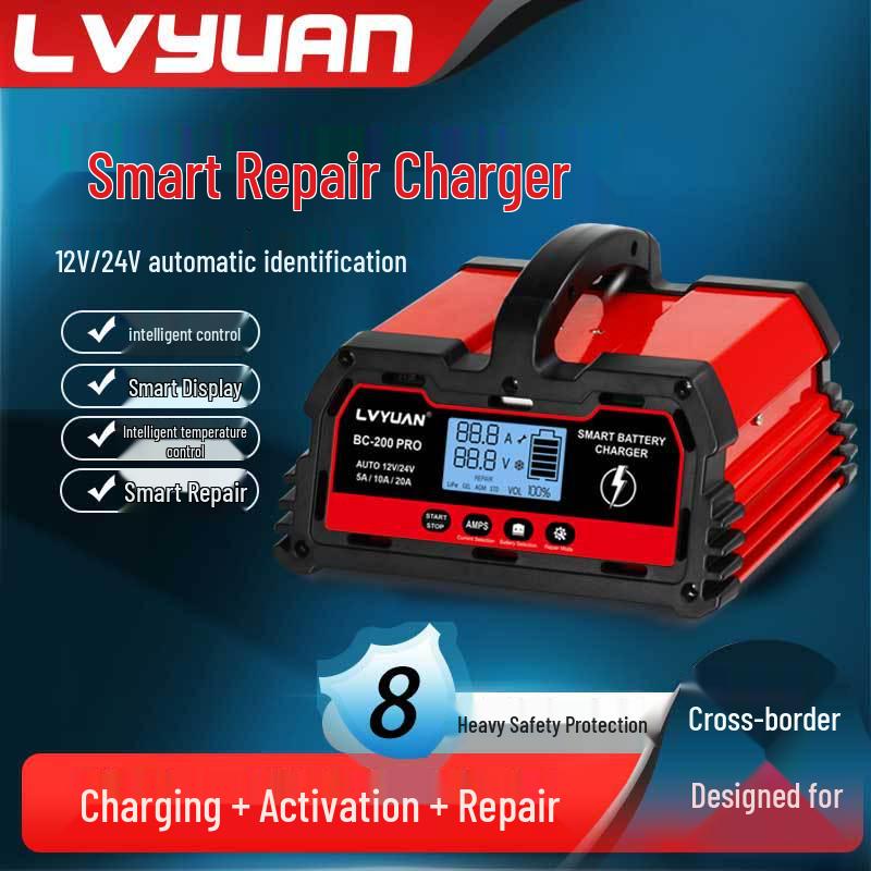 Smart 12V/24V Car Battery Charger - 10A/20A/25A/30A Lead-Acid & Lithium Repair Charger