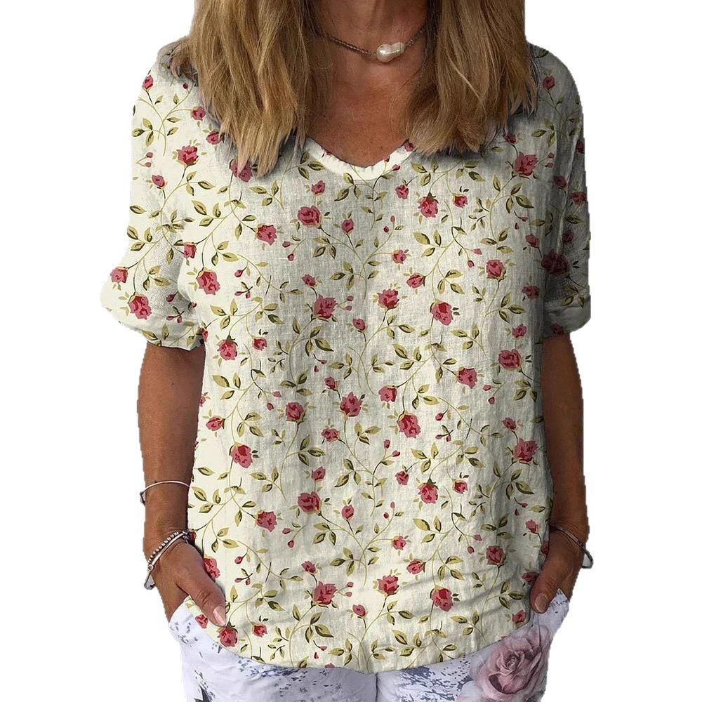 Summer V-neck 3D Floral Printed Top Fashionable Casual Short Sleeved Women's T-shirts