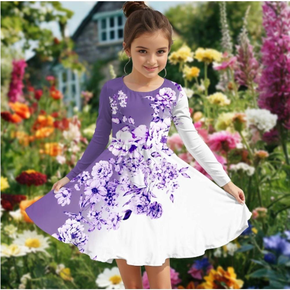 Girl Casual 3D Flower Print Round Neck Long Sleeve Dress Kid Princess Dress 80