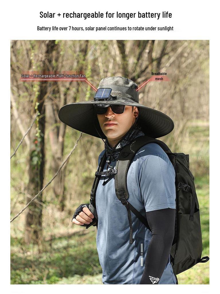 Men's Summer Outdoor Cooling Fan Hat - High Wind Power Sun Protection for Hiking, Fishing, and Mountaineering. Lightweight Fisherman Style.