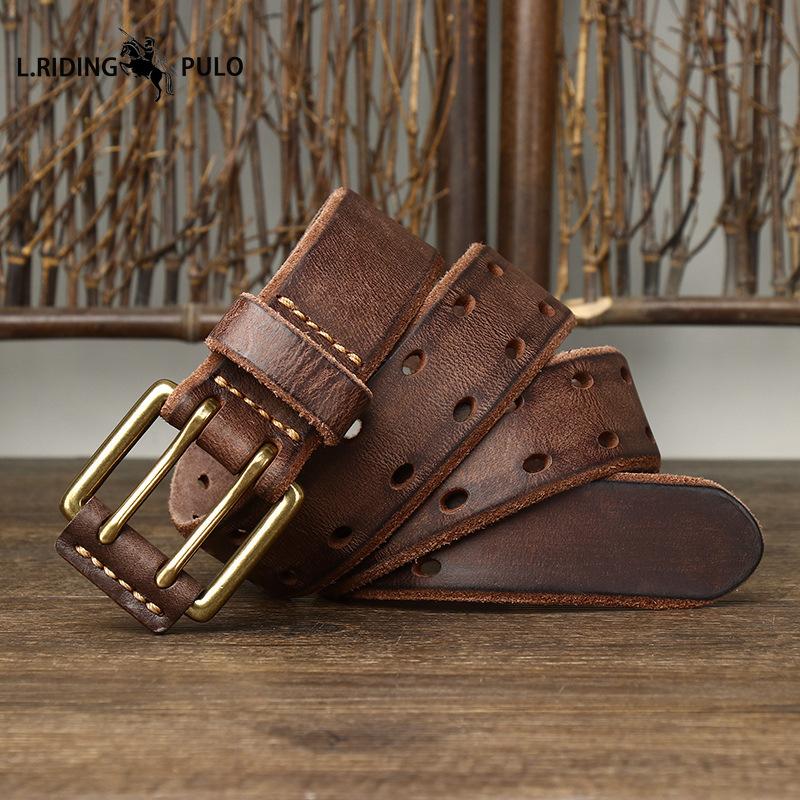 Cintura in Pelle Trendy Stile Retro con Doppia Fibbia ad Ardiglione, Vera Pelle, Vacchetta Primo Strato Conciata al Vegetale Lavata, Nuovo Stile per Giovani Uomini