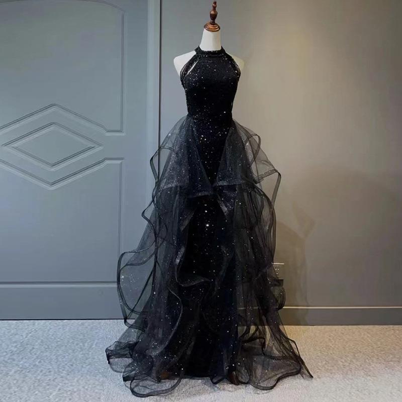 Black Sequined Evening Dress Dress Women's 1011 New Dress Trailing Party Host Adult Evening Dress One