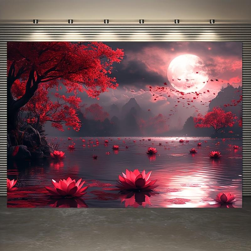 Arazzo Paesaggio Fantasia Luce Lunare Loto Rosso Lago Mistico Scena Notturna Appeso a Parete Decorazione Soggiorno Tessuto Arte Surreale della Natura