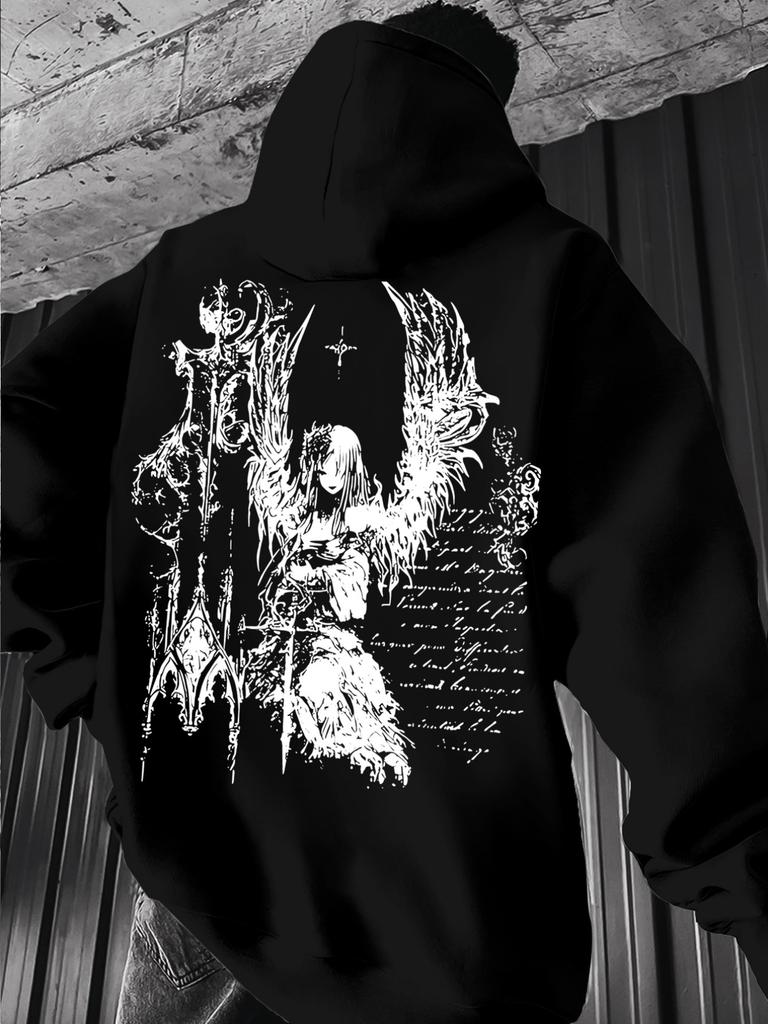 Occult‑goth Men Hoodie Fashion Back‑grunge‑wing‑maiden‑gothic‑script Decor Print Pullover For Soft Relaxed Casual Street Wear