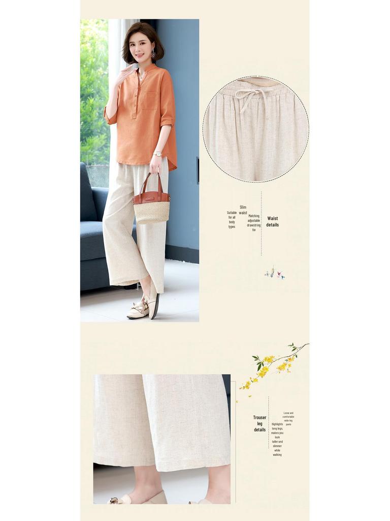 Trendy 2023 Cotton-Linen Two-Piece Set: Short-Sleeved Shirt & Summer Suit for Middle-Aged Moms