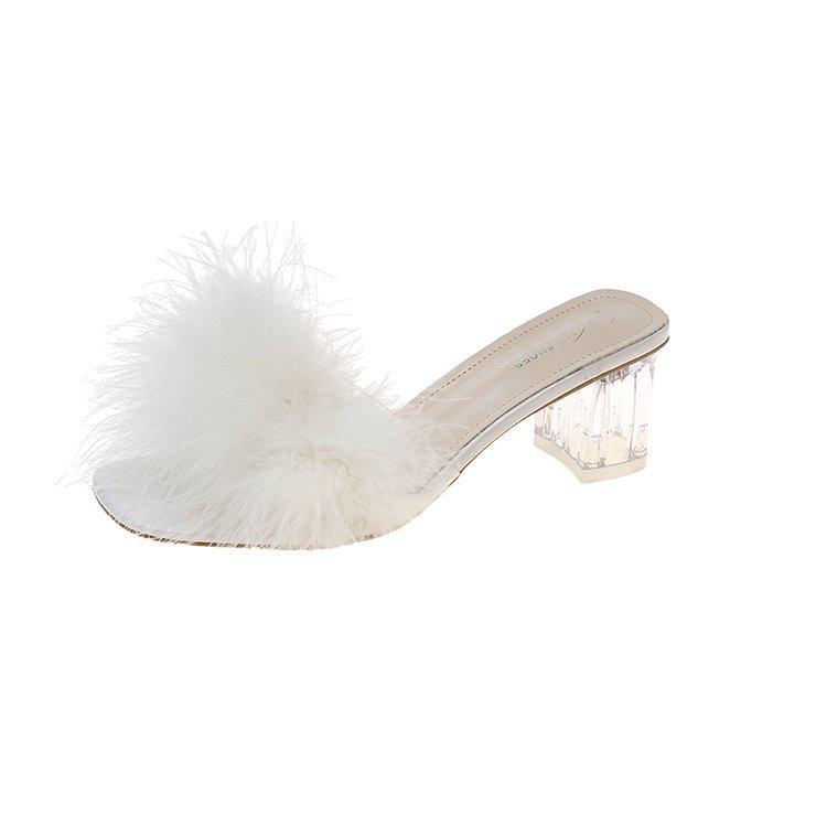 [Youshilai] 2025 Summer New Crystal and Transparent Cool Slippers Women's Fluffy Slippers Simple and Generous
