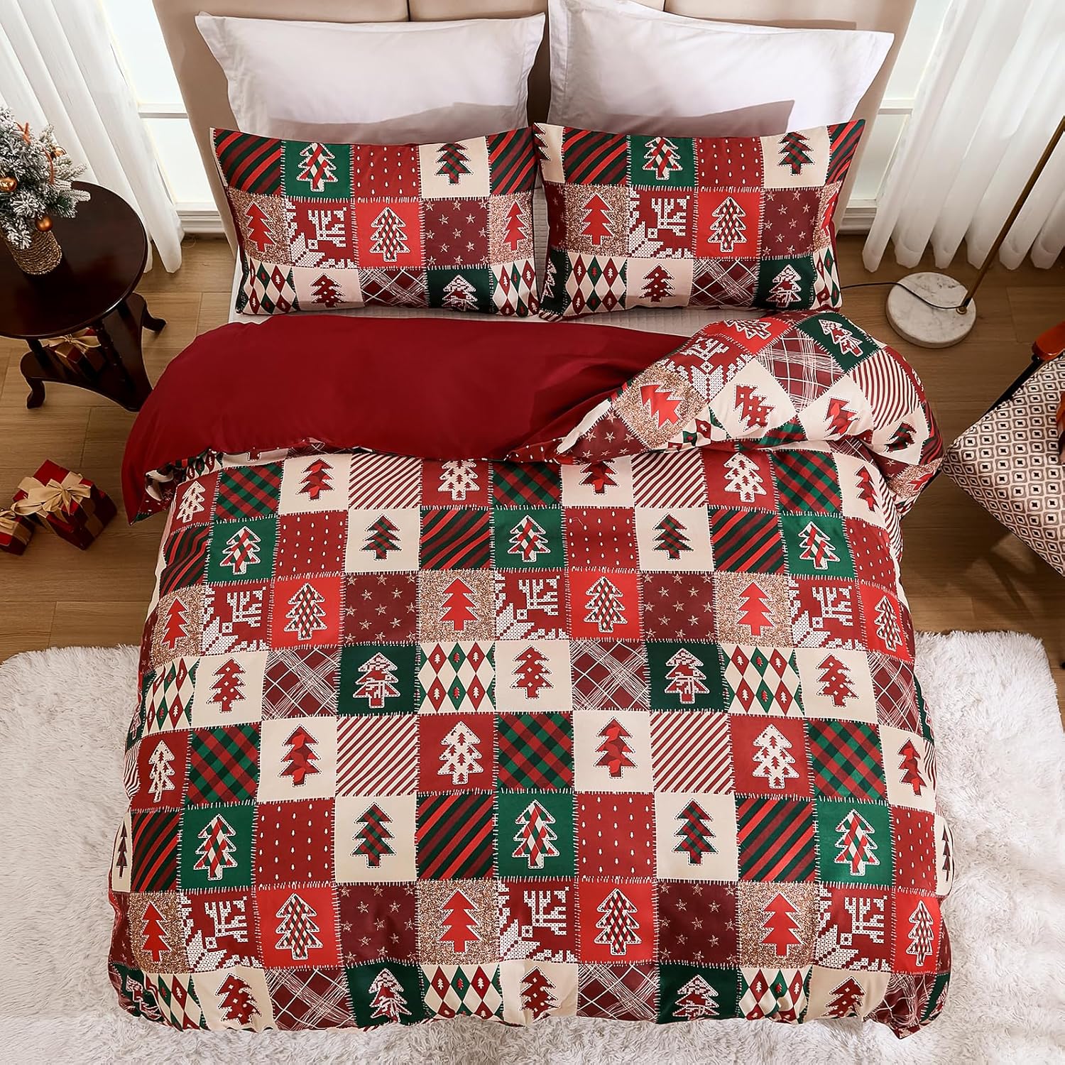 

Christmas Soft with Soft Fabric Duvet Cover Set Patchwork Plaid Red & Gren Christmas Tre Printed Soft Duvet Warm Comforter Covers Beding Set 120*200cm Single