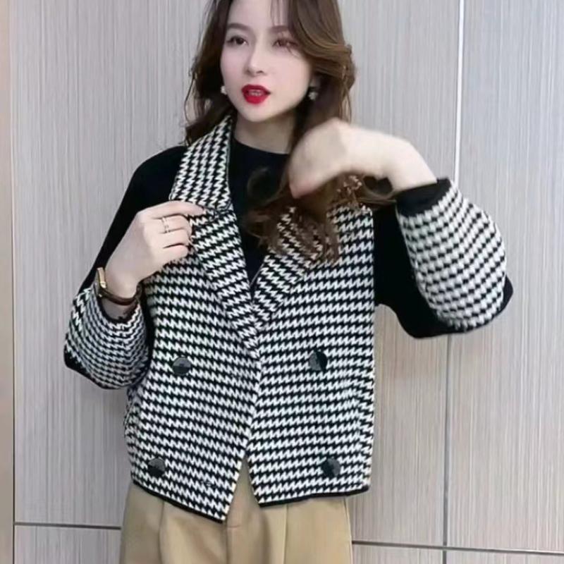 Chaqueta Corta de Moda de Pata de Gallo para Mujer Otoño e Invierno Versátil Holgada con Temperamento Cárdigan Chaqueta Gruesa