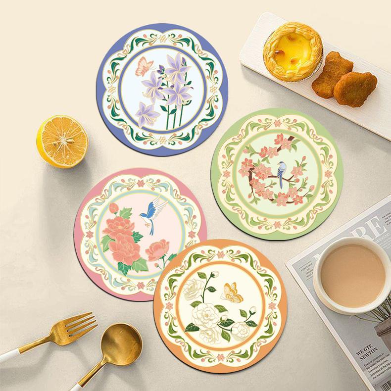 Floral Rubber Coaster Set With Thick Nonslip Material For Home Dining Decor