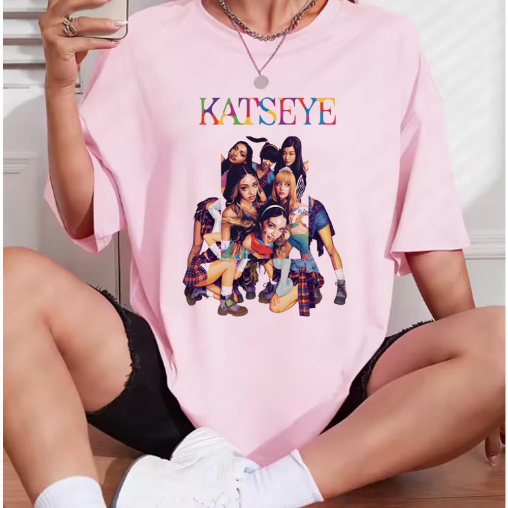 Katseye Beautiful Chaos Pink Gray T-shirts Kpop Tee Women and Unisex Oversized Tee Graphic Short Sleeve T-Shirt Unisex Tops