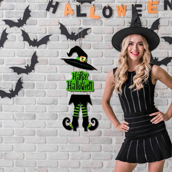 Happy Halloween Welcome Sign Witch Legs Hat Hanging Wooden Wall Decor Rustic Front Door Hanger for Porch Wall Indoor Outdoor Decor