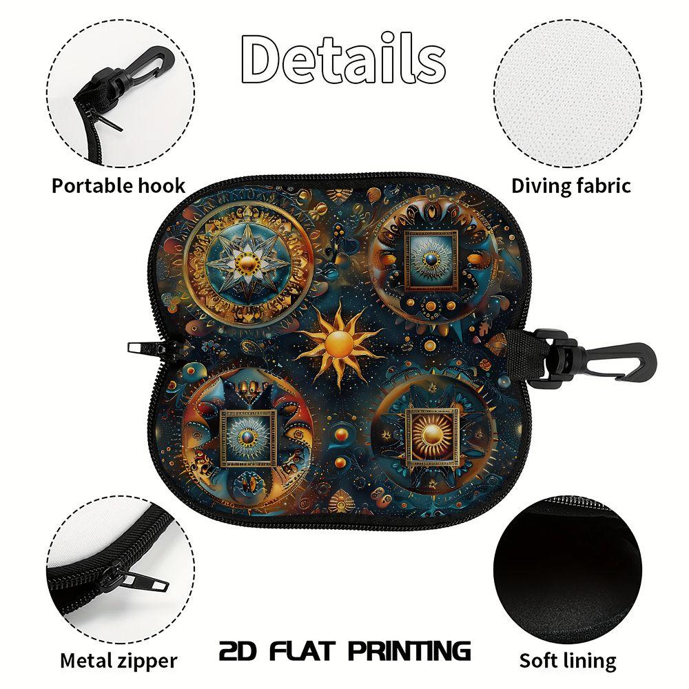 2D-Mystical Celestial Sun Moon Pattern Zipper Sunglasses Case, Protective Eyewear Container for Travel, Vintage Astrology Themed Portable Eyeglasses H